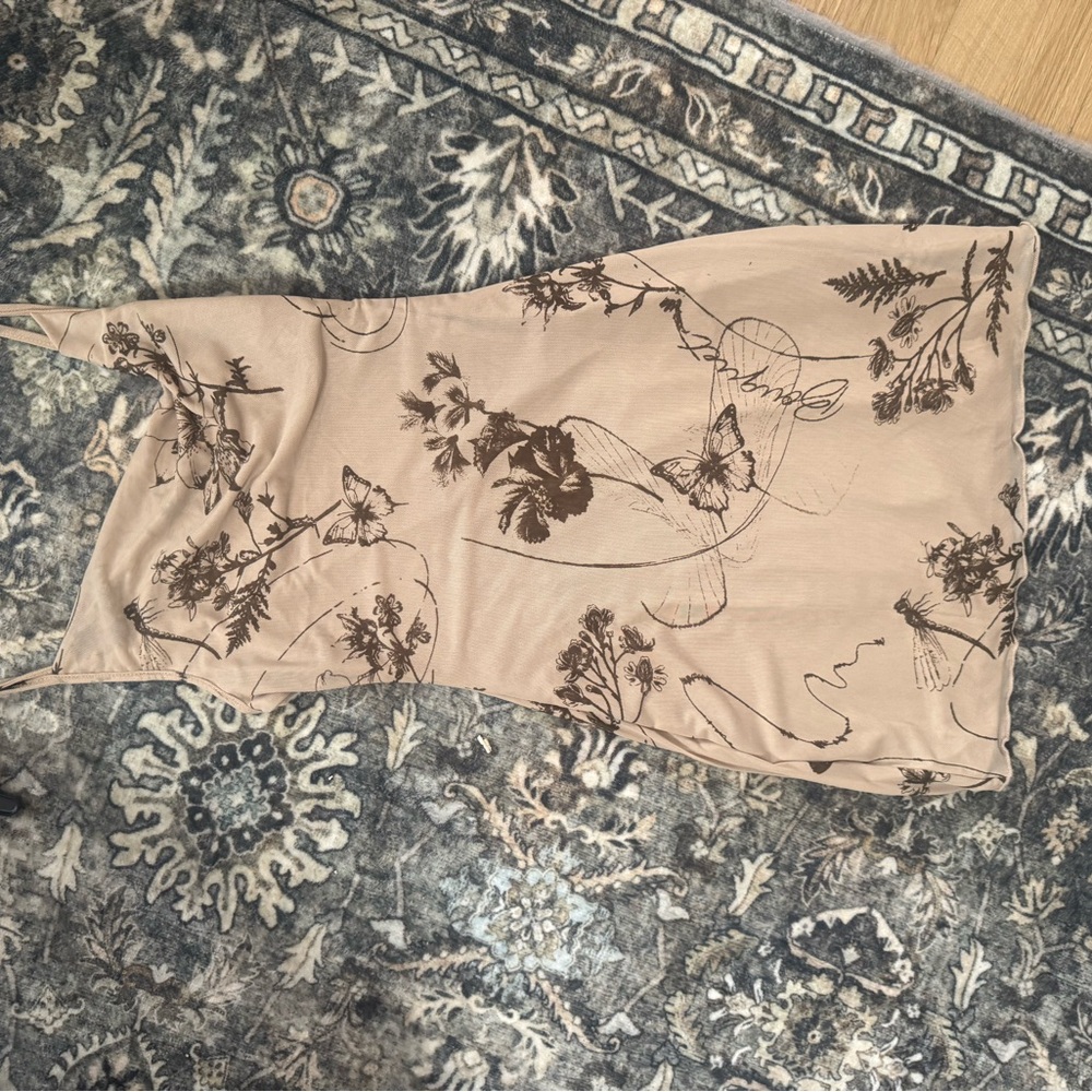 Beige Slip Dress with Brown Floral & Butterfly Print - Picture 3 of 3